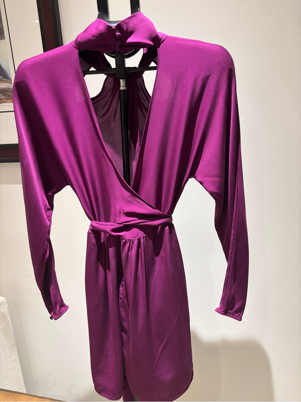 Milly Silk Purple Long-Sleeve Tie-Neck Wrap Dress - Picture 3 of 5